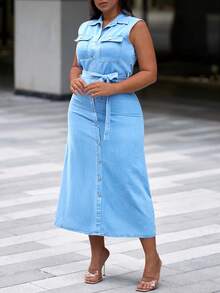 Women Solid Color Casual Sleeveless Button Up Denim Dress
