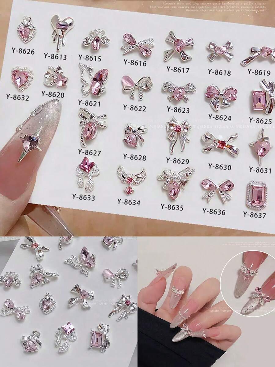 25/50/10 Stück Legierungs-Silber Schmetterling Biene Herz Schleife Nagel Dekoration mit glitzernden rosa Strass-Sternflügeln und geometrischem Muster, 3D exquisite DIY Nagelschmucksteine für Acryl-Nägel, Handyhüllen, Schuhe, Kleidung, Taschen und Bastelarbeiten - Verschiedenfarbig - Übersicht 1