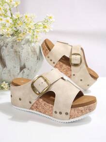 Summer Outdoor European & American Style Open Toe Single Buckle Decor Soft Bottom Comfy Plus Size Wedge Thick Sole Women Sandals