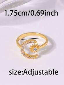 1 Pc Stylish And Elegant 24K Gold Plated Sun And Moon Ring For Women.2025 Middle East European And American Zirconia Sun And Moon Rings, Seiko High-Quality  Adjustable Openning Ring. Perfect For Birthday, Valentine's Day.Gift For Daughter, Friend, Mother. Suitable For Business/Casual/Daily Wear. - Sun and Moon - View 8