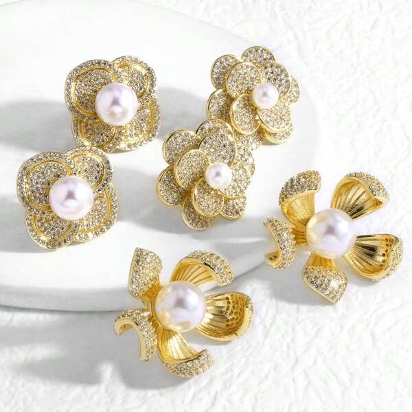 2 pares de pendientes de piedras de imitación de flores con circonitas doradas enchapadas en cobre, para uso diario de mujer
