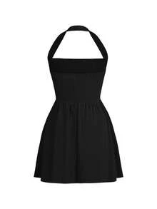 Unadoll 女士露肩露背拉链短款休闲连衣裙，适合海滩、日常穿着、返校、音乐节等场合。 - 黑色 - 查看 4