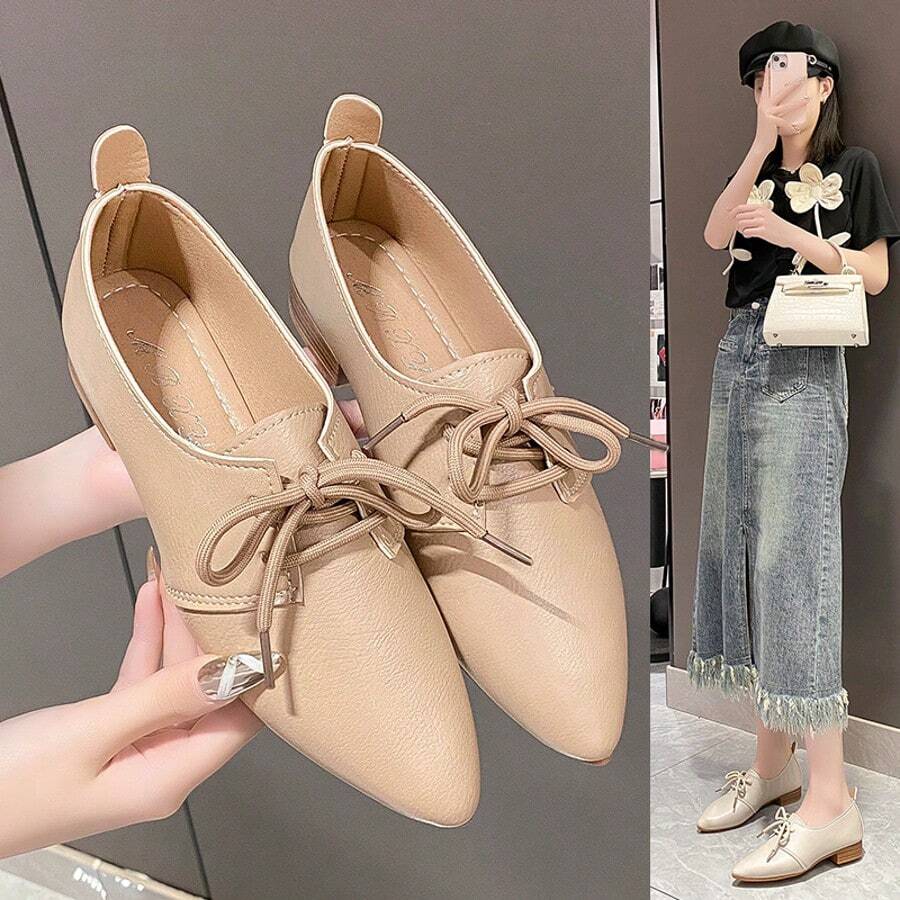 Bailarinas clásicas con cordones para mujer - Punta puntiaguda, suela blanda, tacón bajo cómodo, zapatos con revestimiento de imitación beige para atuendo casual - Albaricoque - Ver 1
