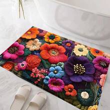 1pc Soft Faux Wool Floral Print Bath Mat, Kitchen Mat, Doormat - Super Plush Microfiber, Anti-Slip Quick Dry, Suitable For Kitchen, Bathroom And Decoration