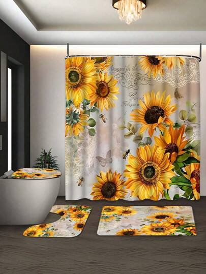 1/4pcs Sunflower & Butterfly Shower Curtain Set - Vibrant Yellow & Orange Floral Pattern, 100% Polyester Shower Curtain, Waterproof & Easy Clean, Non-Slip Bath Mat, Toilet Seat Cover, Machine Washable, Bathroom Decor | Sunflower Design, Bathroom Decor, All Seasons Bathroom Accessories Back To School