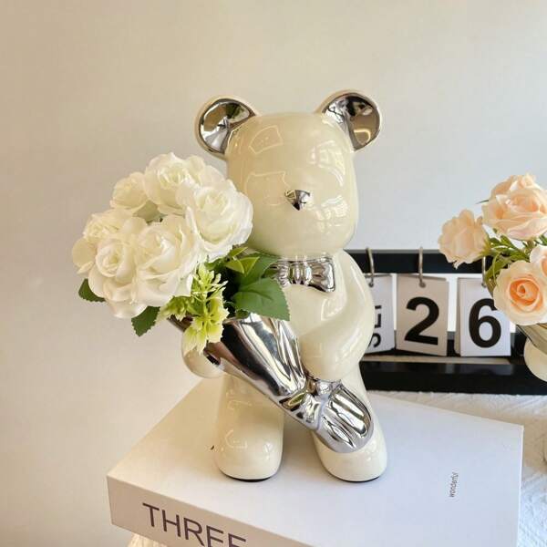 1 peça de decoração fofa de urso de desenho animado com flor de prata, enfeite de cerâmica europeia e americana, adequado para sala de estar, armário de bebidas e visitas