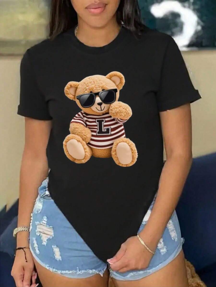 MX | prendas de moda| Camiseta de manga corta holgada con estampado de moda para mujer| Diseño exquisito | Esencial para el verano | Fácil de combinar, muestra tu estilo |mex58 - Negro - Ver 1