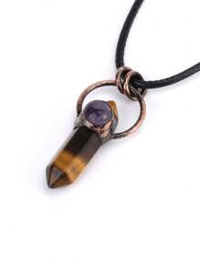 1pc Retro Hexagonal Pointed Pendant Necklace Vintage Natural Semi-Precous Stone Tiger Eye Amethysts Aventurine Quartz Jewelry H664