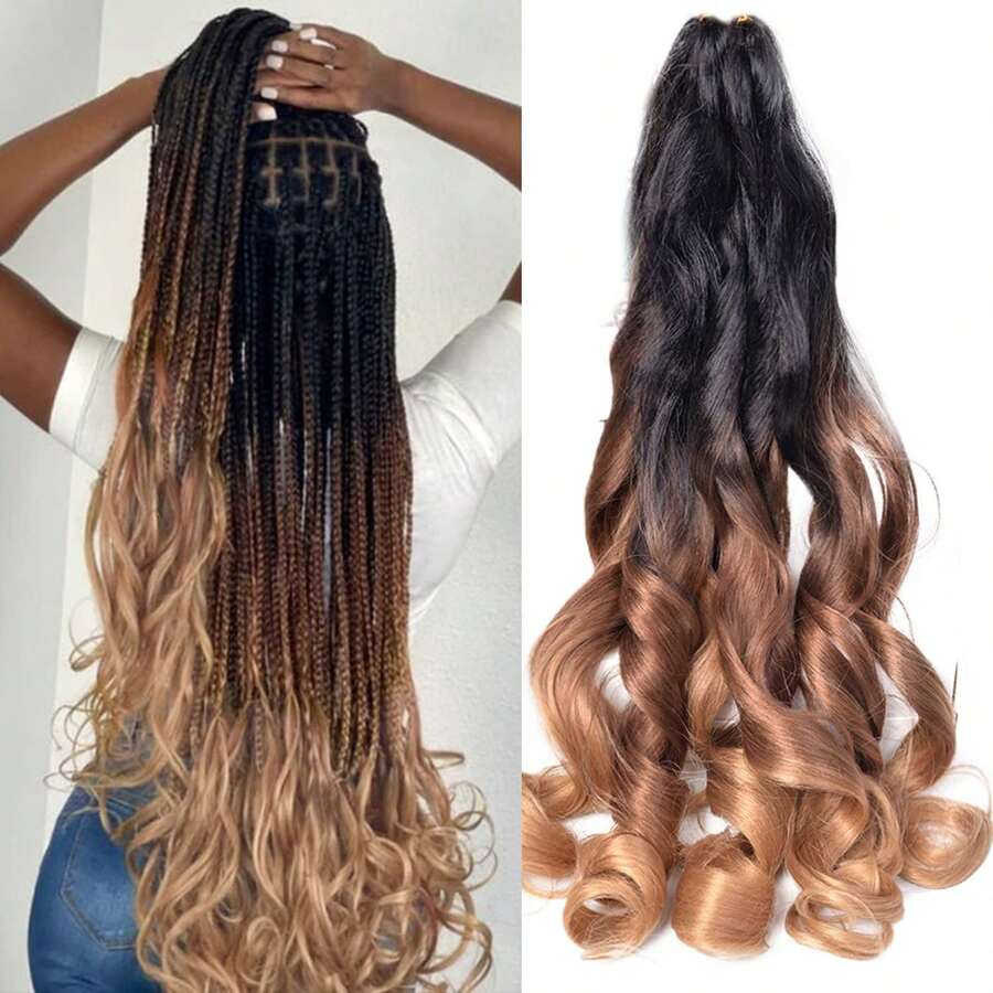 8 Packs French Curly Braiding Hair For Box Braids 24Inch Pre Stretched Loose Wavy  Bouncy Braiding Hair Extensions 75g/Pack Synthetic French Curl Crochet Hair Braids Extensions For Women Daily Holidays Party And Cosplay Braided Hair - Ombre Brown-C14 - 查看 1