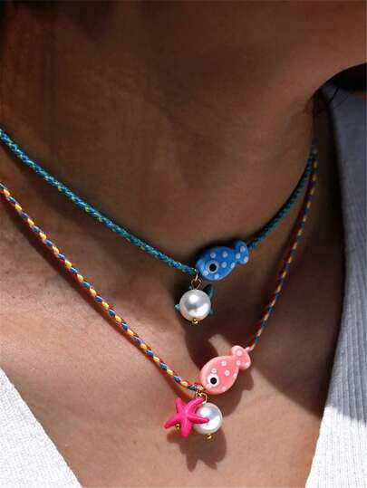 1 Stück verstellbare bunte Keramik Fisch Anhänger Halskette, Frauen Schmuck für Sommer Strandurlaub