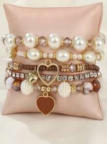 5 Stücke Set Damen Perlenarmband mit Herzanhänger, Strass-Gummiband-Armband, elegantes Perlenarmband, Alltagszubehör