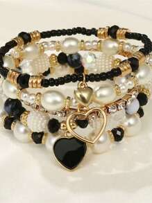 5 Stücke Set Damen Perlenarmband mit Herzanhänger, Strass-Gummiband-Armband, elegantes Perlenarmband, Alltagszubehör
