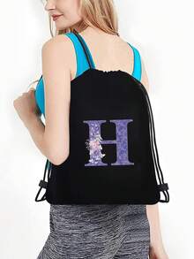 Drawstring Bag School Backpack Sport Bag Women's Fashion Shoulder Backpacks Canvas Shopping Bag Organizer For Travel Cycling Hiking Woman Large Capacity Storage Shopper Bags Initial Name A To Z Letter Print - Black - View 4