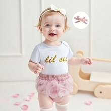 Newborn Baby Girl Lil Sis Outfit Short Sleeve Romper Tulle Pant Cute Flower Headband 3Pcs Coming Home Outfits Clothes Set - 小姐姐 - 查看 3