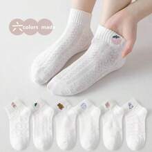 [6 colores] Nuevos llegados para otoño: calcetines finos y transpirables de verano para niñas. Calcetines bordados con malla linda y estilizada de dibujos animados para niños en verano, estilo japonés. Adecuados para bebés de 3 a 12 años. calcetines blancos de estilo japones