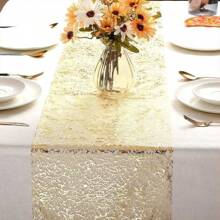 1pc 11x108 Inch Rose Gold Foil Table Runner, Birthday Wedding Party Banquet Table Decor, Placemats Tableware Decorations, Rose Gold Wedding Table Cloth Gift, Sequin Mesh Table Runner