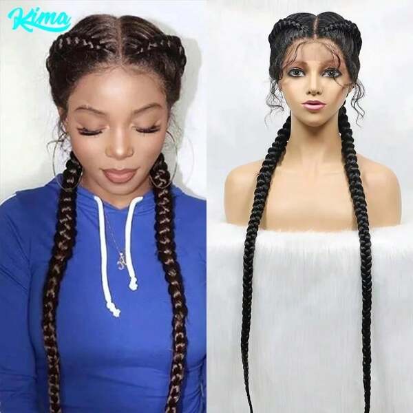 36 Inches Long Lace Front Synthetic Braided Wigs Lace Front Dutch Twins Braids Wig With Baby Hair For Women