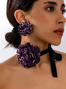 3pcs Fashionable Plus Size Fabric Leopard Print Floral Charm Elegant Bow Choker Flower Earrings Set For Women, Elegant Gift