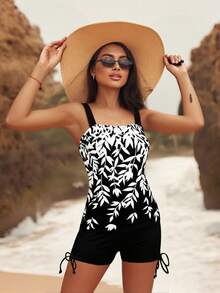 Traje de baño de verano para mujer de 2 piezas, top acolchado con estampado de hojas + shorts con cordón ajustable de color liso para niñas, 5 colores - Blanco - Ver 9