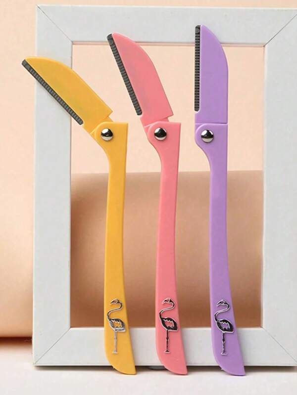 3pcs/1pc Stainless Steel Folding Razor For Eyebrows And Beard, Patterned Handle, Portable Travel Shaver, Beauty Tool