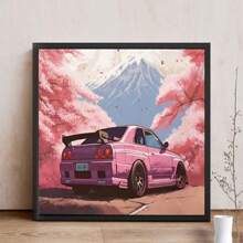 30*40cm Diamond Painting Art Canvas Wall Decor, Featuring Car & Pink Cherry Blossoms, Diamond Painting Kit, Frameless Poster For Bedroom, Living Room, Office Decoration
