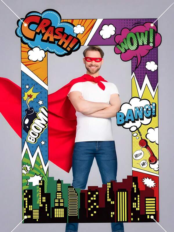 1pc Superhero Comic Book Style Photo Booth Prop - Durable Polyester Backdrop With Vibrant Cityscape & Action Words, No Electricity Needed For Indoor/Outdoor Birthday Parties, Festivals, Themed Events, Party Decoration, Festival Decor, Dynamic Design, Easy Setup