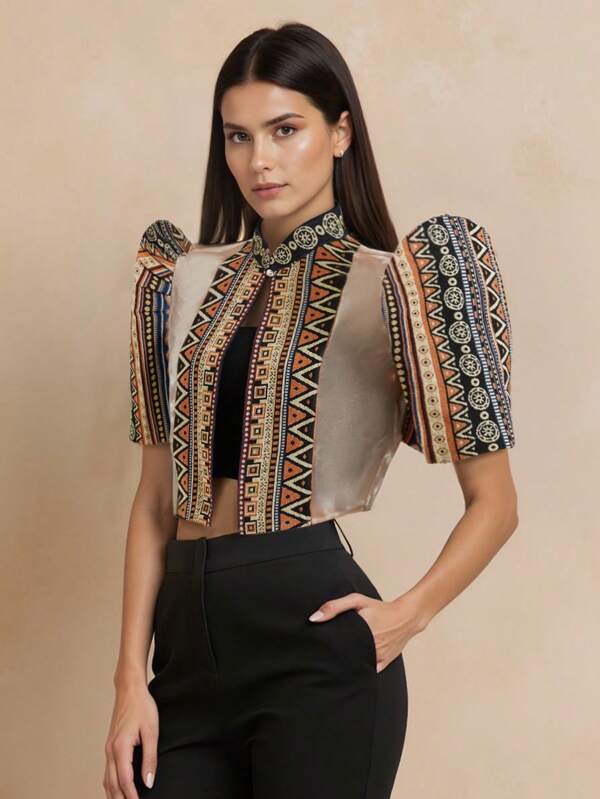 Amyenjoylife Modern Filipiniana 1PC Women's Fashion Semi-Transparent Fabric Splicing Stand-Up Collar Design Senseelegant Style Puff Sleeve Top, Button-Up Blouse Spring And Summer Bolero Filipiniana For Women