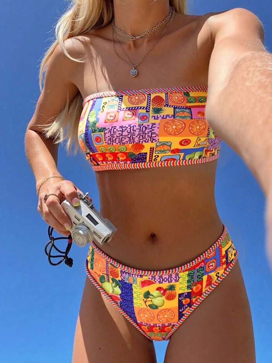 Swim Vcay 夏季海滩女士水果印花抹胸比基尼套装 - 彩色 - 查看 1