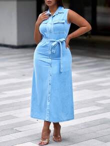 Women Solid Color Casual Sleeveless Button Up Denim Dress