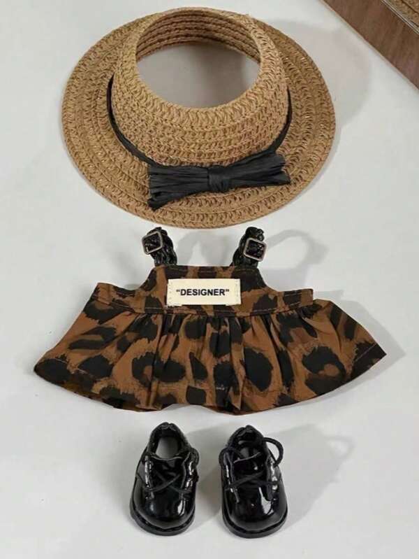 1 Stück Puppen Leoparden-Muster Trägerkleid, Schuhe, Sonnenbrille, Strohhut mit Ohrlöchern, Puppen Outfit Accessoires