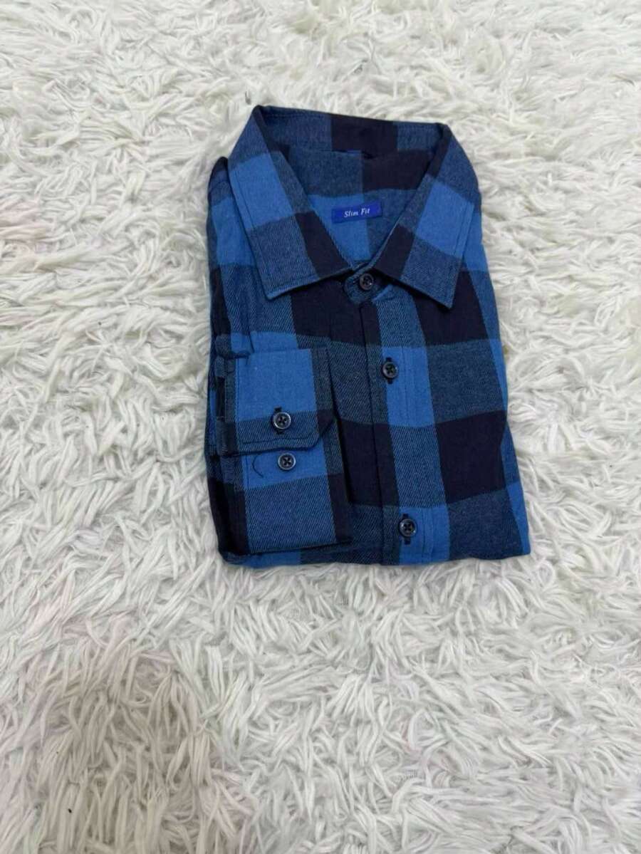 Men's Plaid FLANNEL Shirt Long Sleeve Slim NO POCKET - 淺藍色 - 查看 1