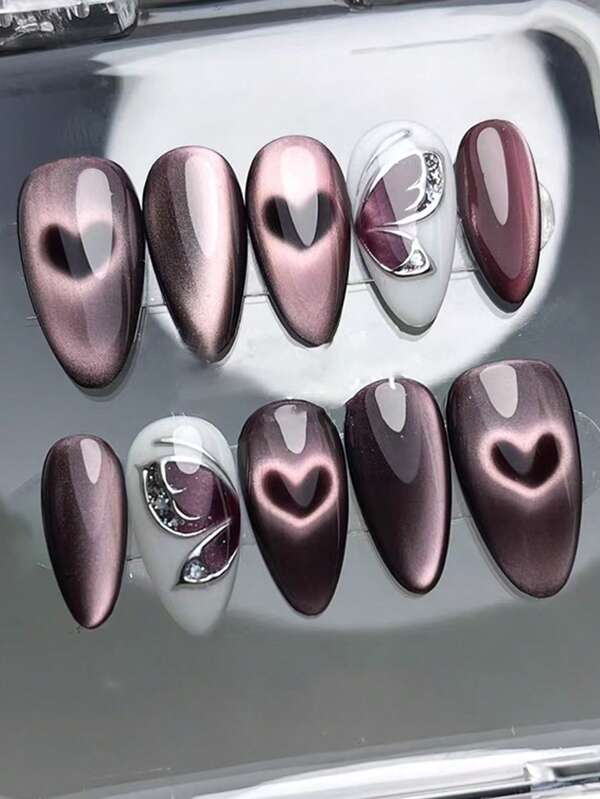 24pcs Butterfly, Cat Eye, Hollow Heart Shaped 3D Nail Stickers, EU/US Inspired Design, Removable, Suitable For Party, Wedding Or Daily Wear
