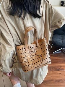 1pc Fashionable Hollow Basket Handbag, Casual All-Match Summer Tote Bag, Detachable Inner Pouch, PU Leather Material - Khaki - View 10