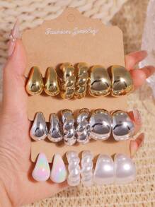 6 PIÈCES/18 PIÈCES Boucles d'oreilles en forme de goutte d'eau en perle blanche, or et argent