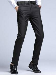Pantalones rectos de verano para hombre, pantalones formales de negocios de corte slim en color negro, pantalones casuales para primavera y otoño - Negro - Ver 3