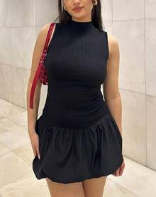 Bubble Dress Women Sleeveless Mock Neck Knit Open Back Dress Bodycon Y2k Party Club Short Dress - 黑色 - 查看 2