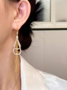 1 par de pendientes de estilo europeo y americano clásico, elegantes, de doble capa con borlas en forma de gota de agua, diseño minimalista y sofisticado para estilizar el rostro