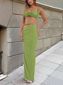 Conjunto de camiseta sin espalda y falda larga plisada de color verde neón sexy para mujer, conjunto elegante para vacaciones de verano - Verde - Ver 2