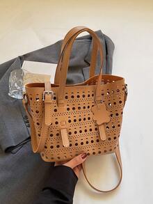 1pc Fashionable Hollow Basket Handbag, Casual All-Match Summer Tote Bag, Detachable Inner Pouch, PU Leather Material - Khaki - View 3