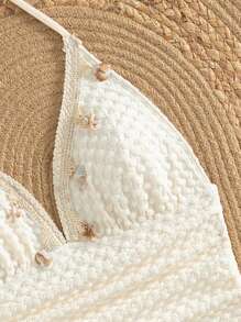 Traje de baño de una sola pieza de verano para mujer, informal, con cuello de halter, tirantes fino, decoración con cuentas, tela especial, adornado con estrellas de mar y flecos, y volantes (la colocación de la decoración con flecos es aleatoria)