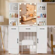 Dressing Table Stool Set Makeup Mirror LED Light Vanity Desk 3 Drawer - Makeup Desk Vanity Set For Bedroom - White