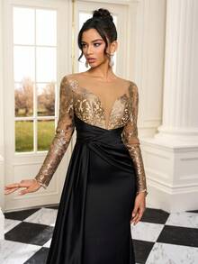 Luxury Elegant Evening Gown, Long Sleeve Satin Dress, High Quality ...