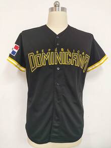 Men'S Dominican #13 Black Baseball Jersey, 100% Polyester V-Neck Knit Fabric T-Shirt, Embroidered Letter & Number Design, Short Sleeve, Loose Fit For Sports, Party, Casual Wear - Universal Adult Sports Top - Black - View 2
