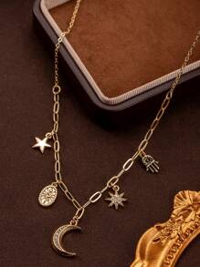 1pc Fashionable Geometric Star & Moon Charm Pendant Necklace, Versatile & Cute Everyday Wear For Women