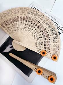 1pc Sandalwood Hollow Wooden Fan Wooden Fan Color Sandalwood Wooden Fan Hollow Folding Fan Printed Wooden Handicraft Fan Imitation Sandalwood Fan, Ideal Choice For Gifts