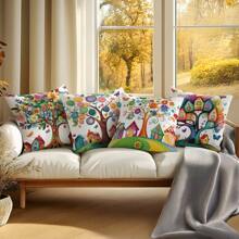 4 pièces Housses de coussin d'appoint imprimées avec arbres et maisons colorés, 45 cm*45 cm