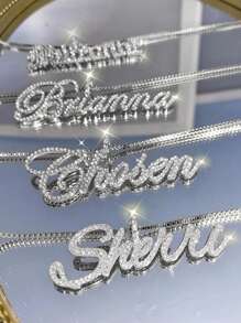 Collar con nombre con diamantes brillantes, collar con nombre de cristal, collar personalizado, collar con texto de nombre, joyería congelada, regalo para mujer, regalo para dama de honor, nombre personalizable de estilo sencillo para uso diario, productos que incluyen caja de regalo, regalo del Día de San Valentín, regalo de cumpleaños, regalo del Día de la Madre, regalo diario
