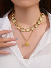 2er Set Halskette mit Edelstahl, goldplattierter Muschel, Niet Herz, Blume, Stern, Kreuz, Kunstperle, handgefertigt, für Damen geeignet für Alltag, Strand, Party, Urlaub, als Geschenk für Freunde