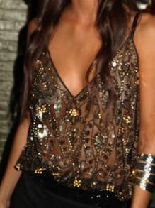 Women's Sequin Slim Camisole Crop Tops Spaghetti Strap V-Neck Cami Tops Slim Fit Pearl Embellished Vests Shirts Bling Glitter Rhinestone Going Out Tops Party Club Streetwear