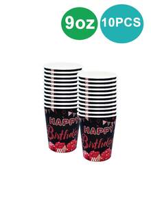 10pcs Red And Black Birthday Party Tableware Set, 10 Plates, 20 Napkins, 10 Paper Cup, Red Birthday Party Confetti Sprinkle With Happy Birthday Party Decorations Men And Women - Multicolor - View 10